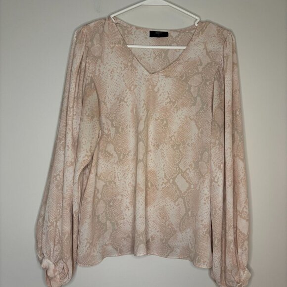 TAHARI Pullover VNeck Pink Snake Long Sleeve Blouse Balloon Workwear - Picture 1 of 4